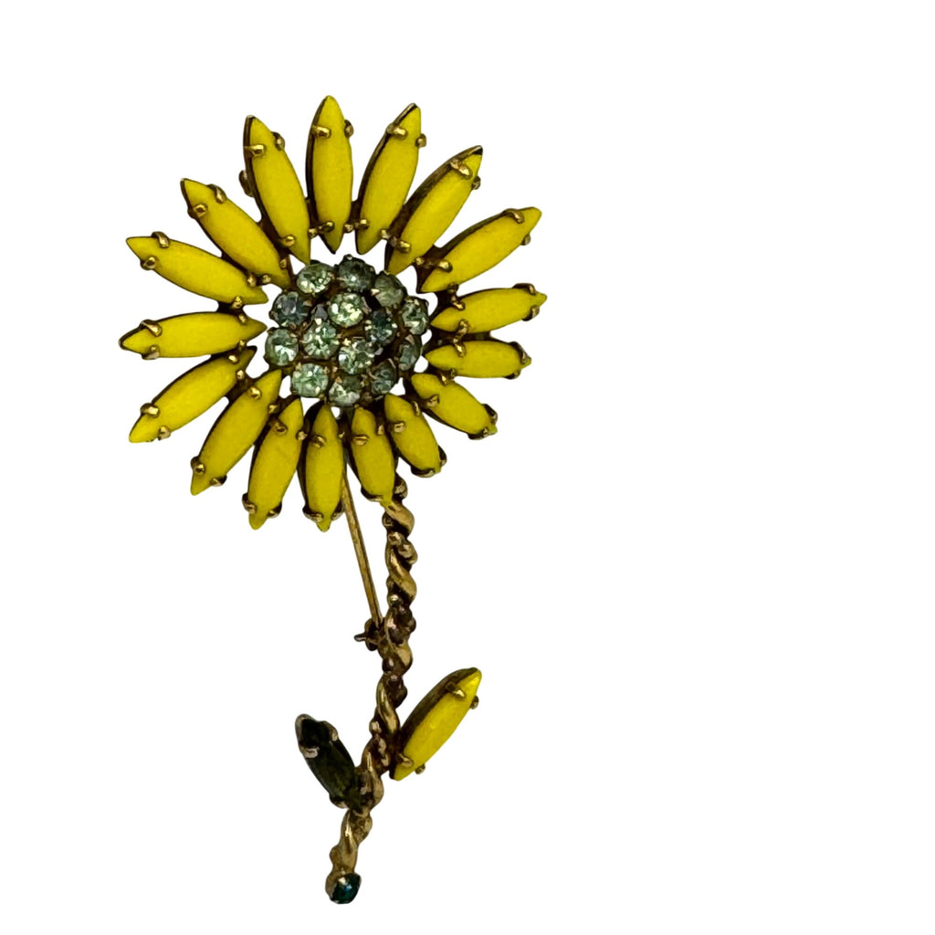 Vintage Weiss Yellow Poured Glass RARE Rhinestone Flower Daisy Brooch Pin 3.5”