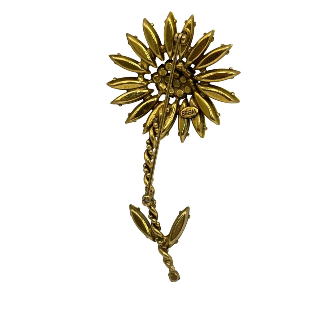 Vintage Weiss Yellow Poured Glass RARE Rhinestone Flower Daisy Brooch Pin 3.5”