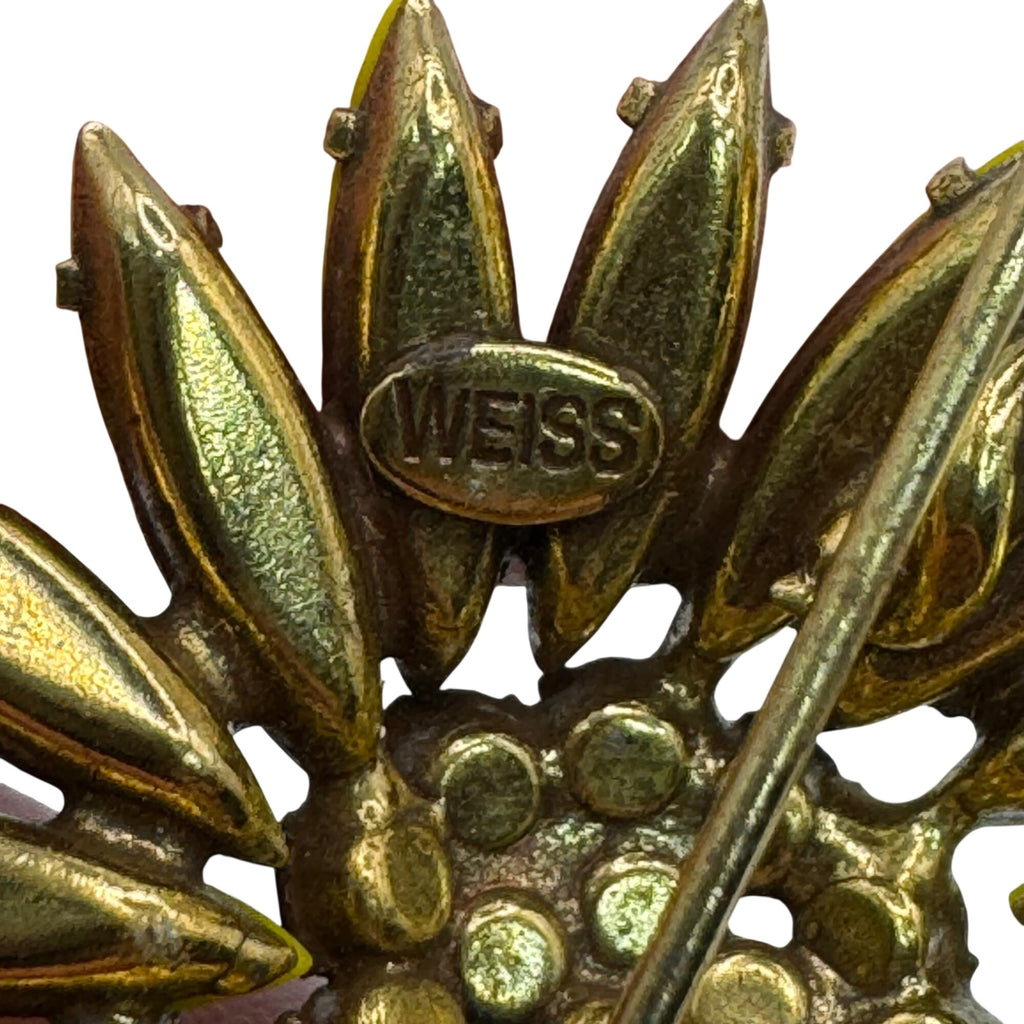 Vintage Weiss Yellow Poured Glass RARE Rhinestone Flower Daisy Brooch Pin 3.5”