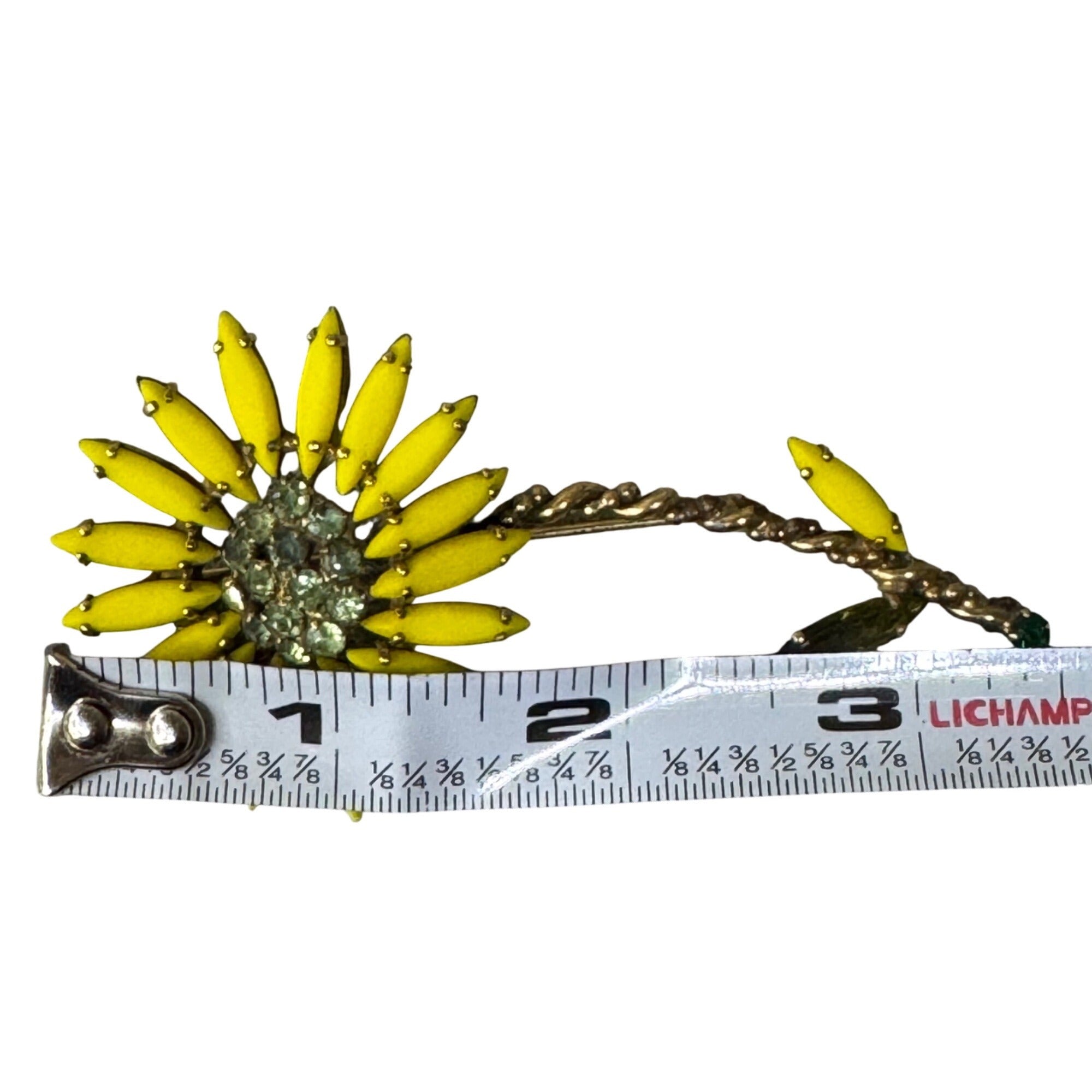 Vintage Weiss Yellow Poured Glass RARE Rhinestone Flower Daisy Brooch Pin 3.5”