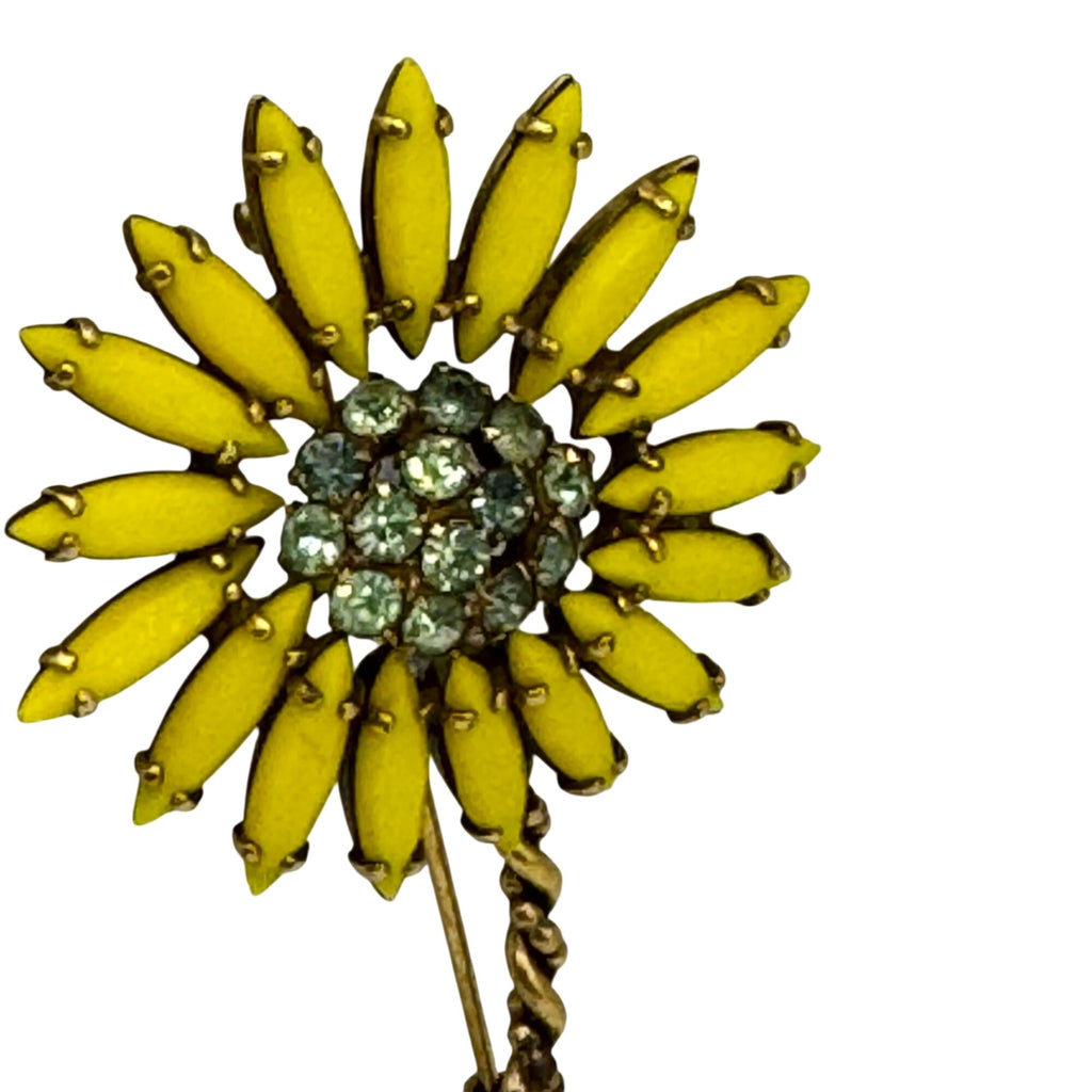Vintage Weiss Yellow Poured Glass RARE Rhinestone Flower Daisy Brooch Pin 3.5”