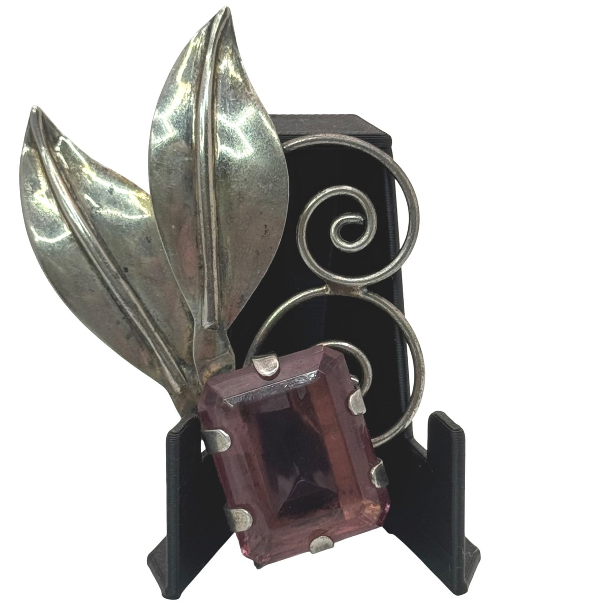 Statement Amethyst Glass Leaf Brooch Vintage Sterling Silver Purple Leaf Swirl