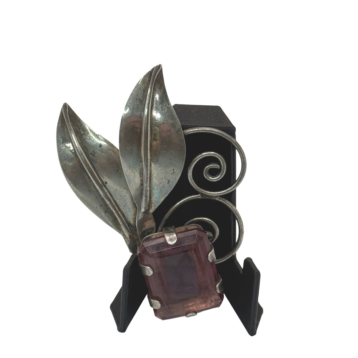 Statement Amethyst Glass Leaf Brooch Vintage Sterling Silver Purple Leaf Swirl