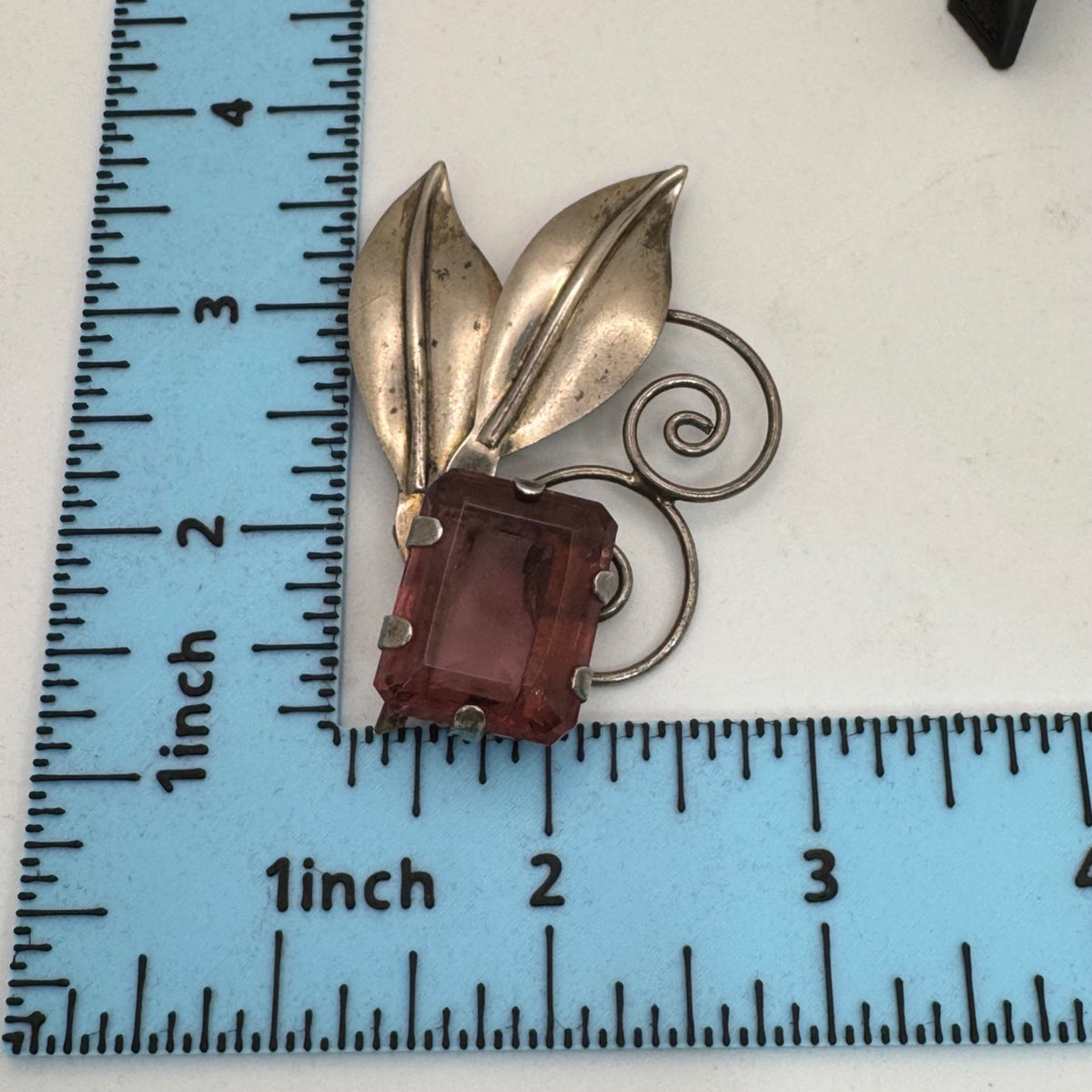 Statement Amethyst Glass Leaf Brooch Vintage Sterling Silver Purple Leaf Swirl