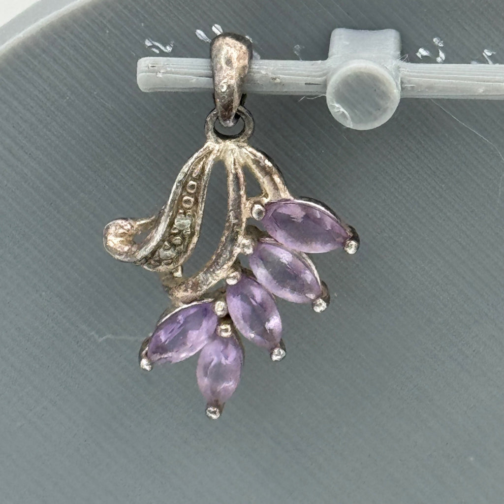 Silver Amethyst Pendant Marquise Cut Purple Stones Charm Sterling 925 Vintage