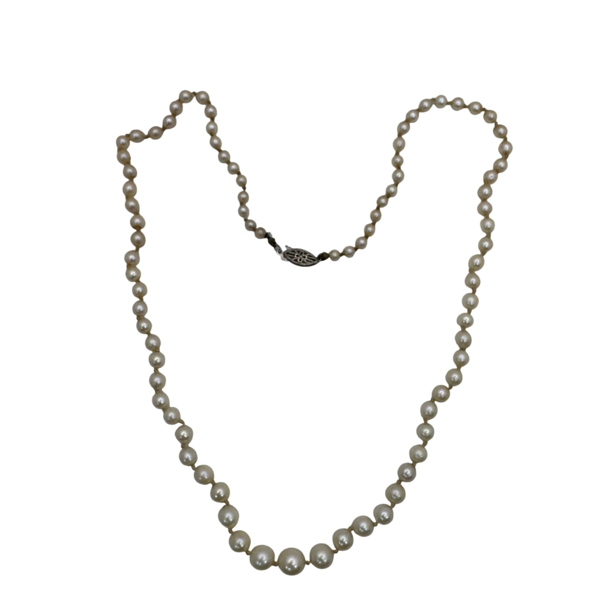 Necklace Cultured Akoya Pearls 16" 10K Vintage Hand-knotted 6mm White Gold Clasp