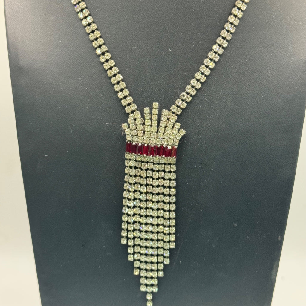 Vintage Rhinestone Red Crystal Drop Necklace Tassle Fringe Flapper 16" Elegant
