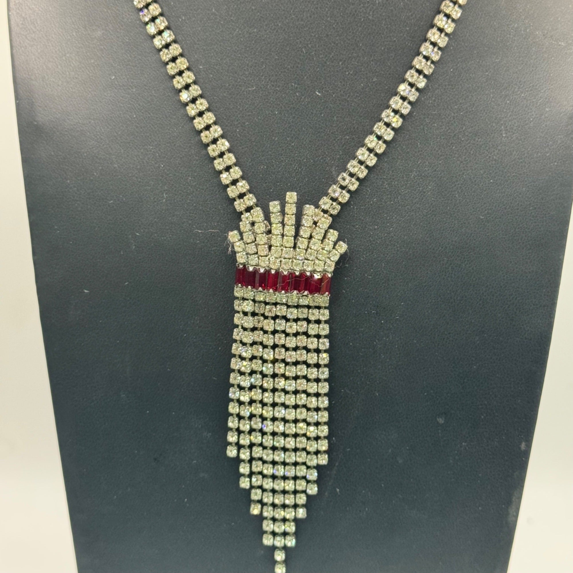 Vintage Rhinestone Red Crystal Drop Necklace Tassle Fringe Flapper 16" Elegant
