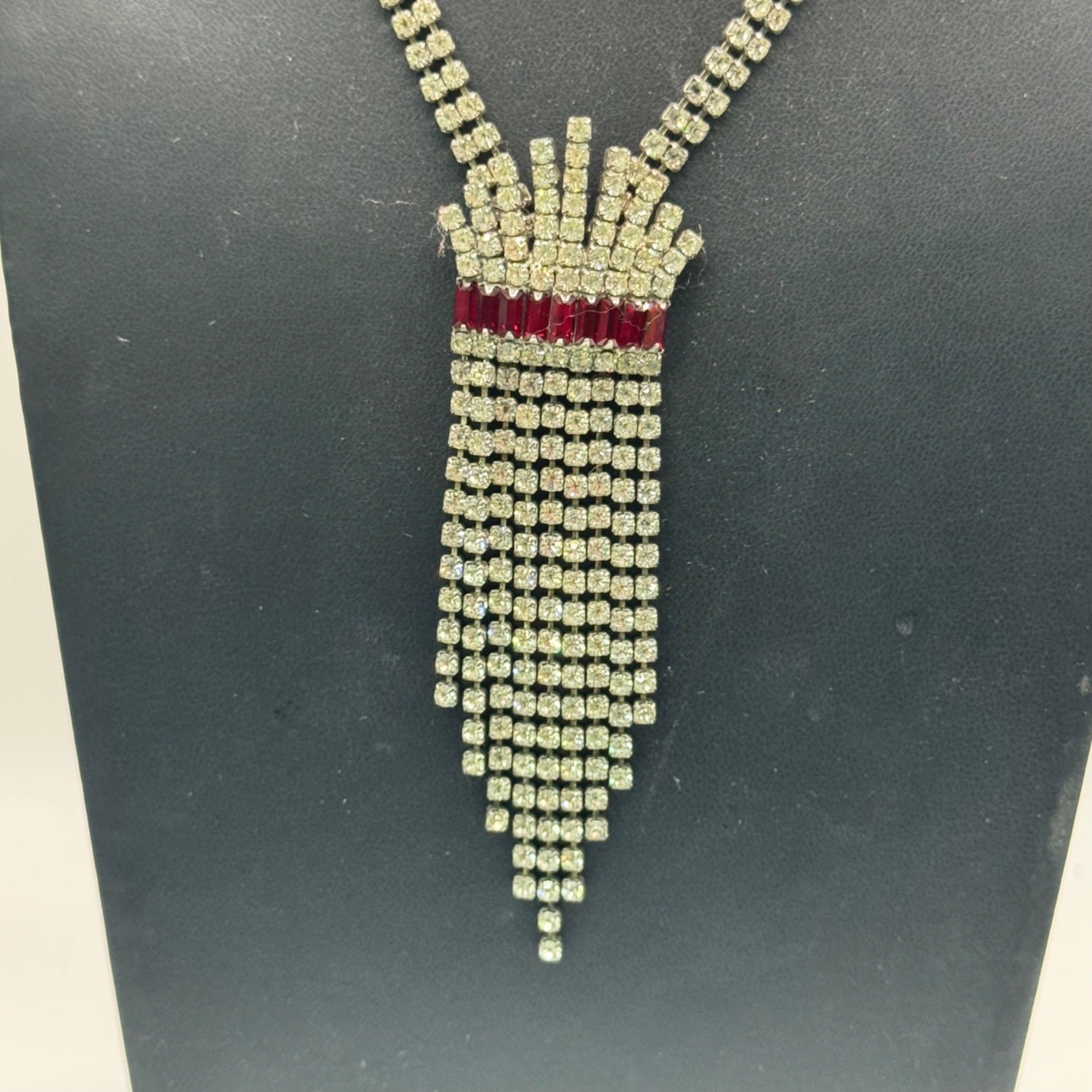 Vintage Rhinestone Red Crystal Drop Necklace Tassle Fringe Flapper 16" Elegant