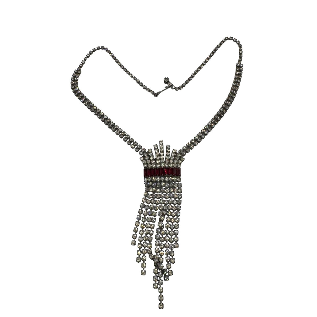 Vintage Rhinestone Red Crystal Drop Necklace Tassle Fringe Flapper 16" Elegant