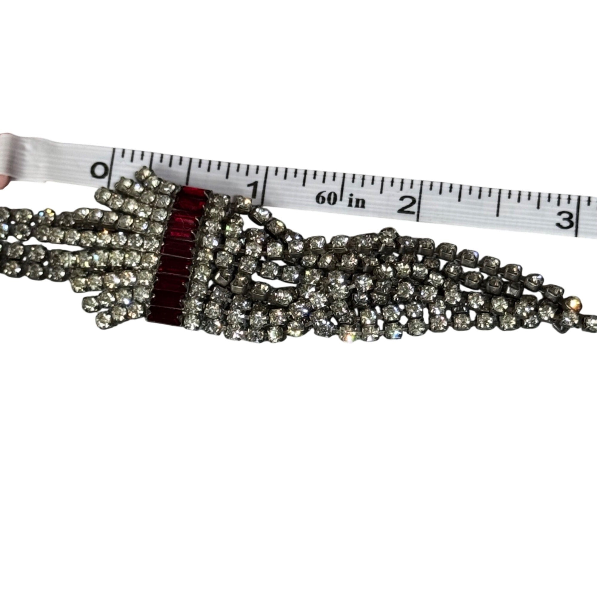 Vintage Rhinestone Red Crystal Drop Necklace Tassle Fringe Flapper 16" Elegant