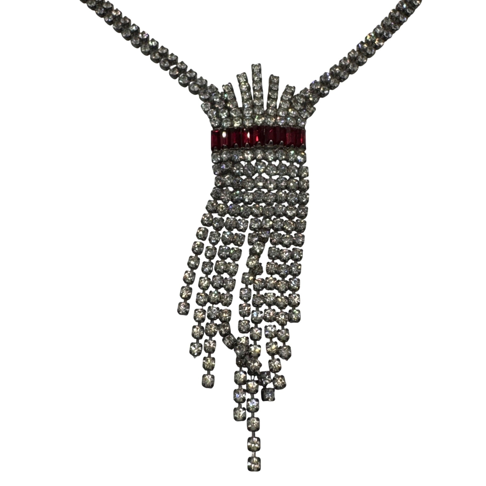 Vintage Rhinestone Red Crystal Drop Necklace Tassle Fringe Flapper 16" Elegant