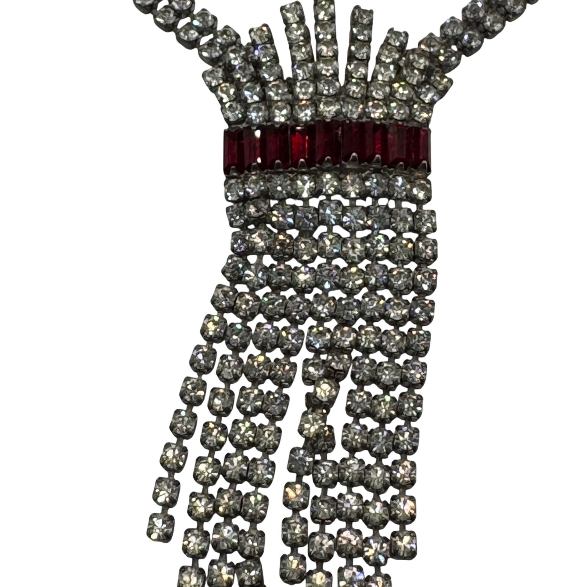 Vintage Rhinestone Red Crystal Drop Necklace Tassle Fringe Flapper 16" Elegant