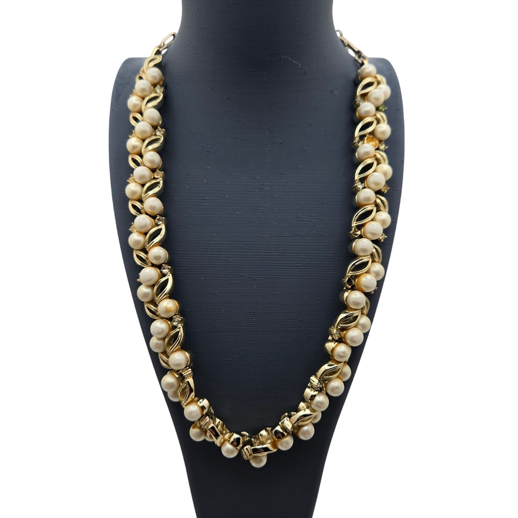 Vintage Signed Lisner Gold-Tone Faux Pearl Rhinestone Necklace Vintage Statement