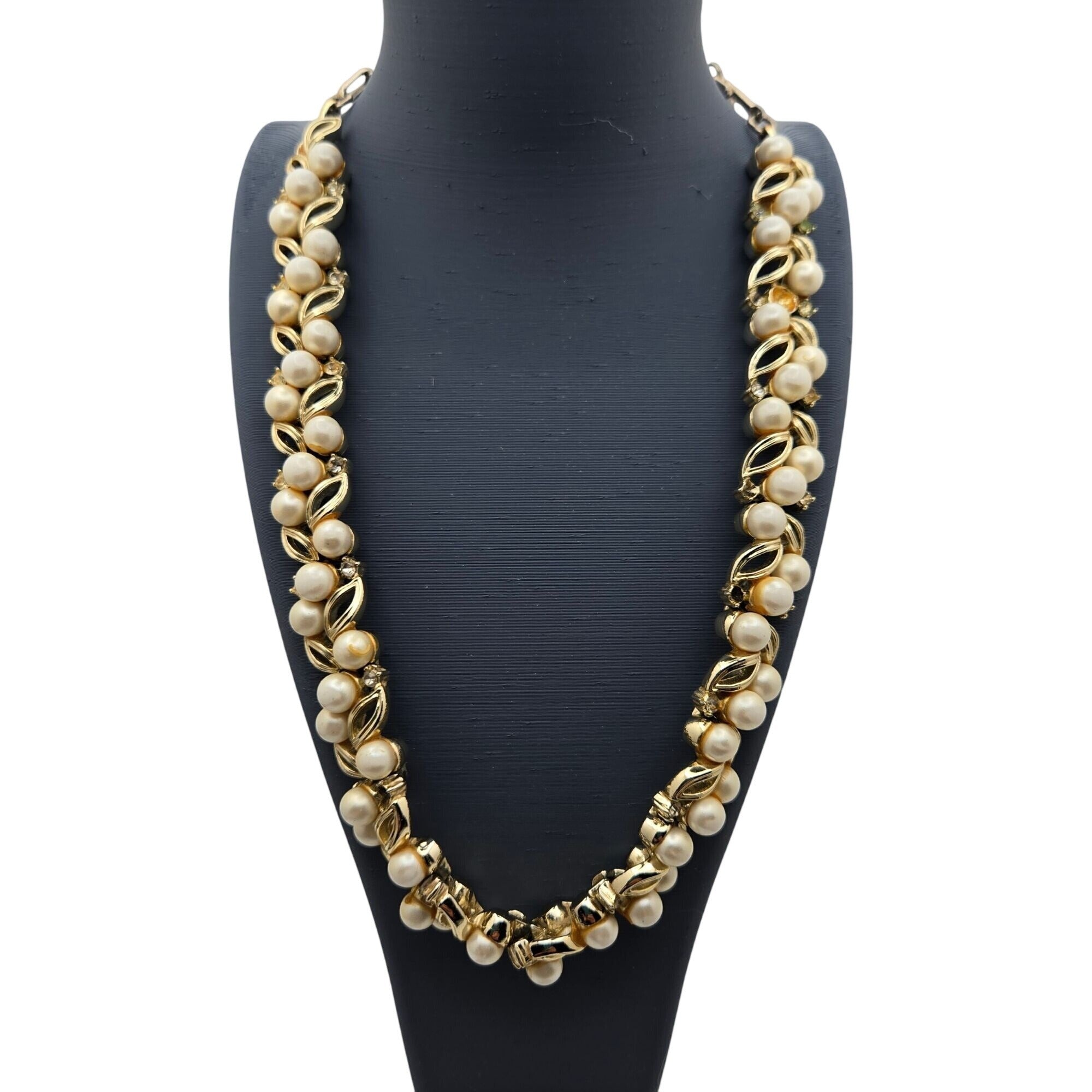 Vintage Signed Lisner Gold-Tone Faux Pearl Rhinestone Necklace Vintage Statement