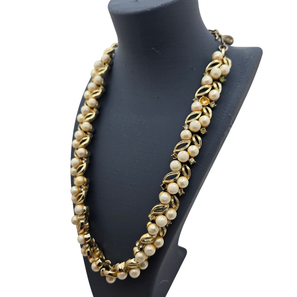 Vintage Signed Lisner Gold-Tone Faux Pearl Rhinestone Necklace Vintage Statement