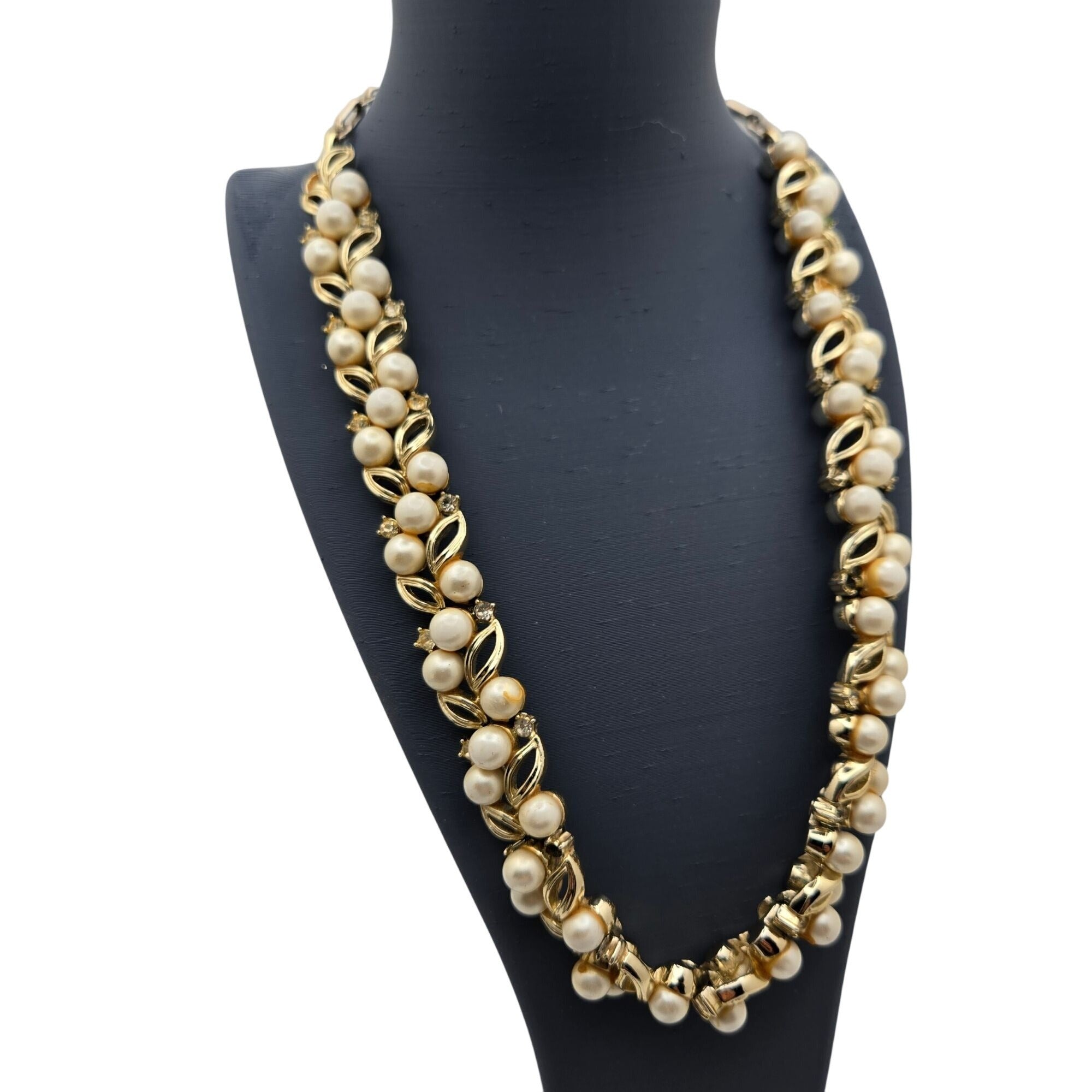 Vintage Signed Lisner Gold-Tone Faux Pearl Rhinestone Necklace Vintage Statement