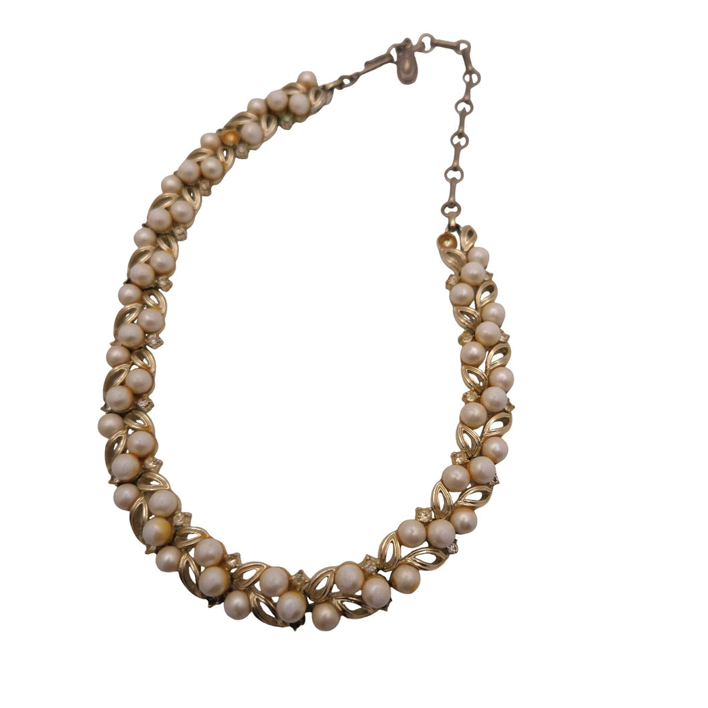 Vintage Signed Lisner Gold-Tone Faux Pearl Rhinestone Necklace Vintage Statement