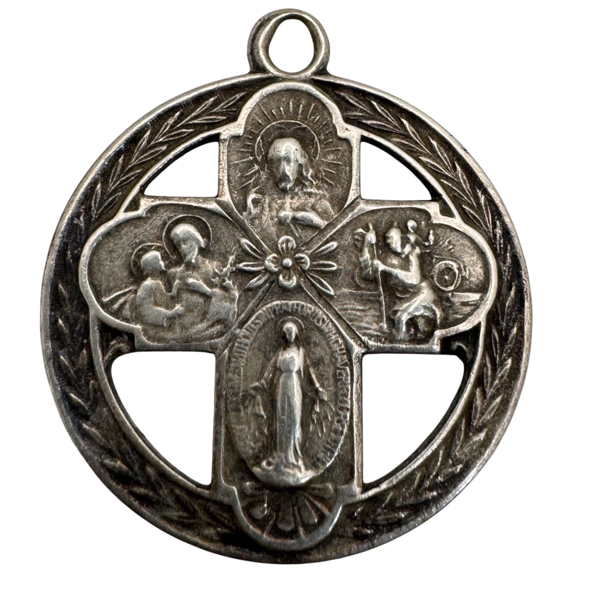 Sterling 4 Way Cross Medal Jesus Mary Joseph Christopher Large Pendant 1.5" Vtg