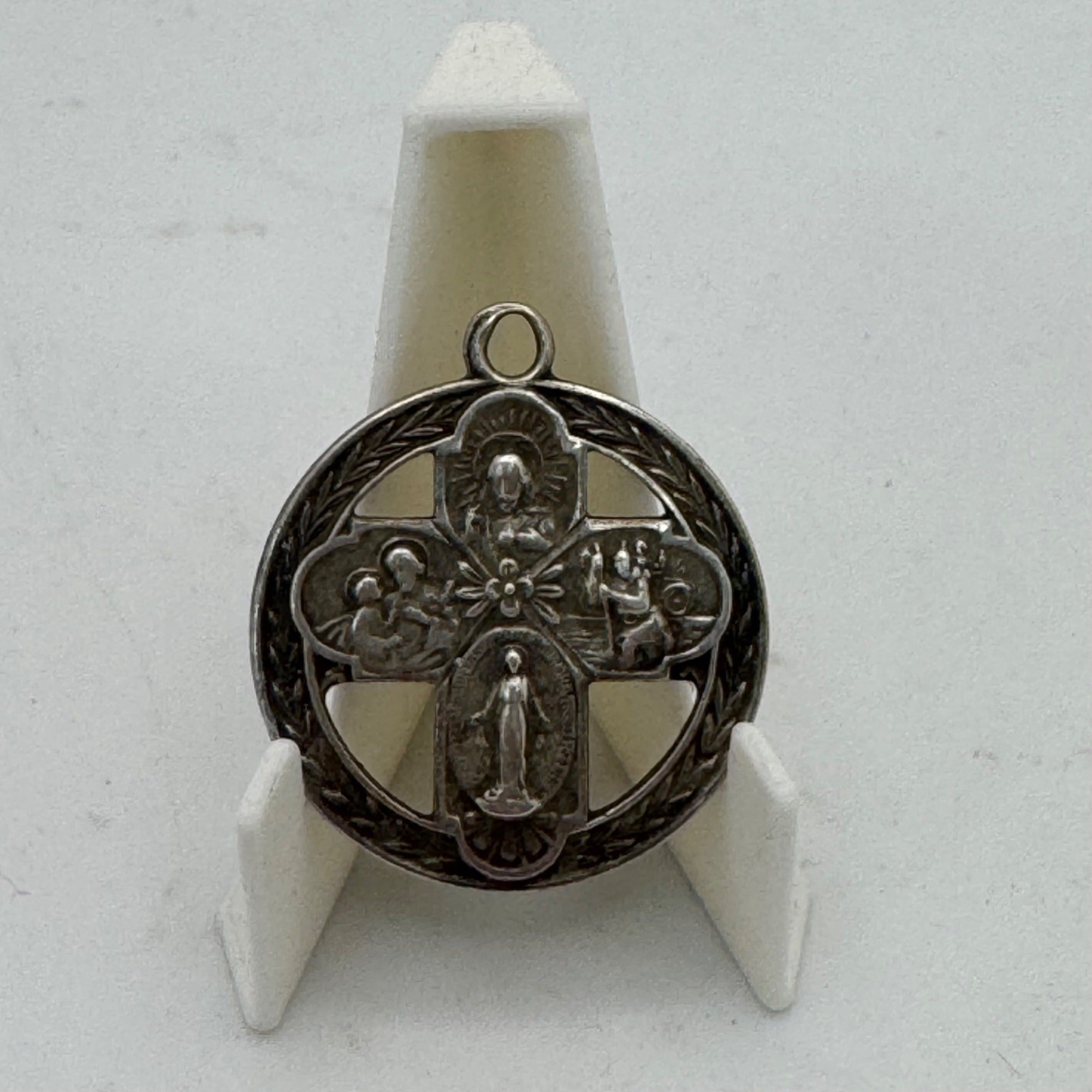 Sterling 4 Way Cross Medal Jesus Mary Joseph Christopher Large Pendant 1.5" Vtg