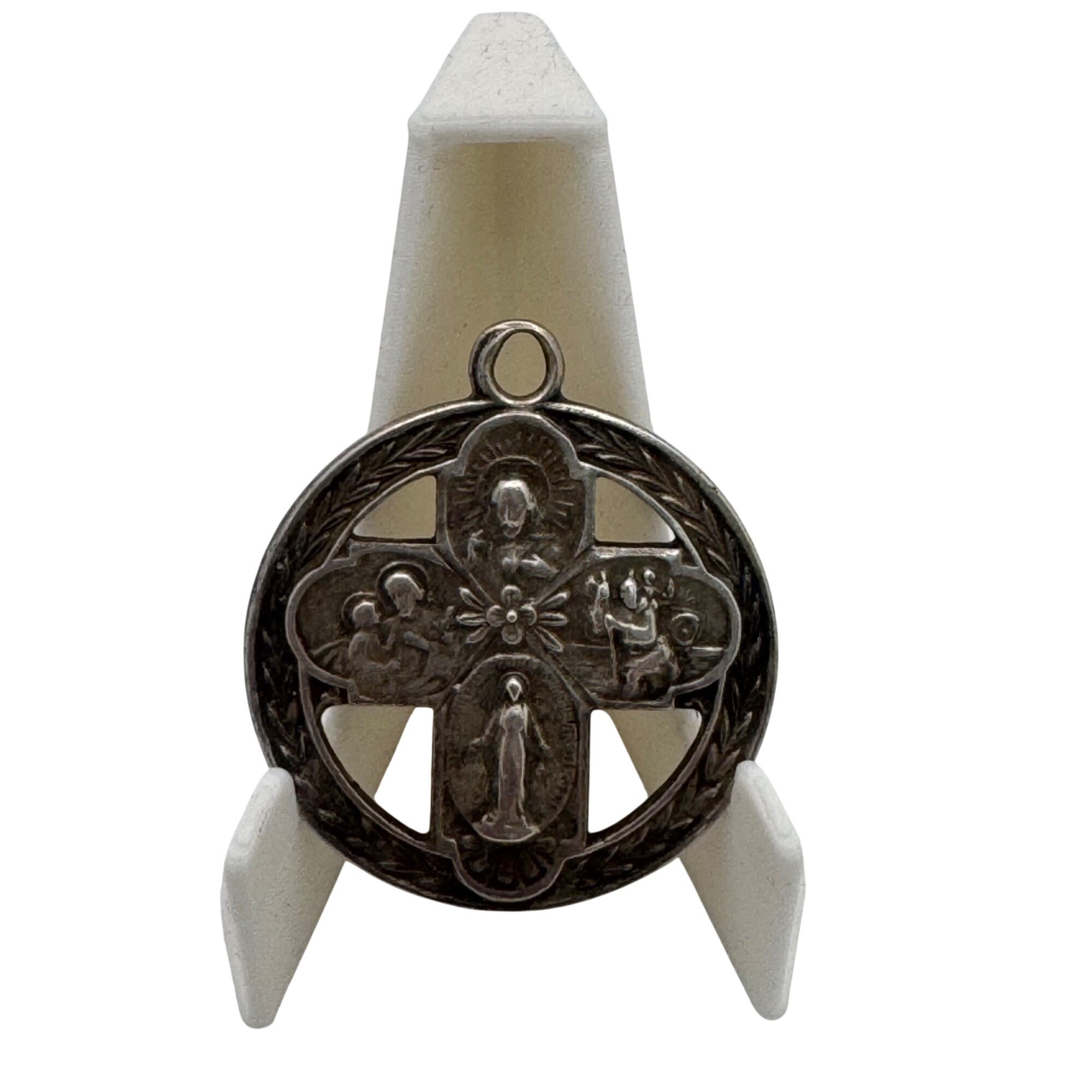 Sterling 4 Way Cross Medal Jesus Mary Joseph Christopher Large Pendant 1.5" Vtg