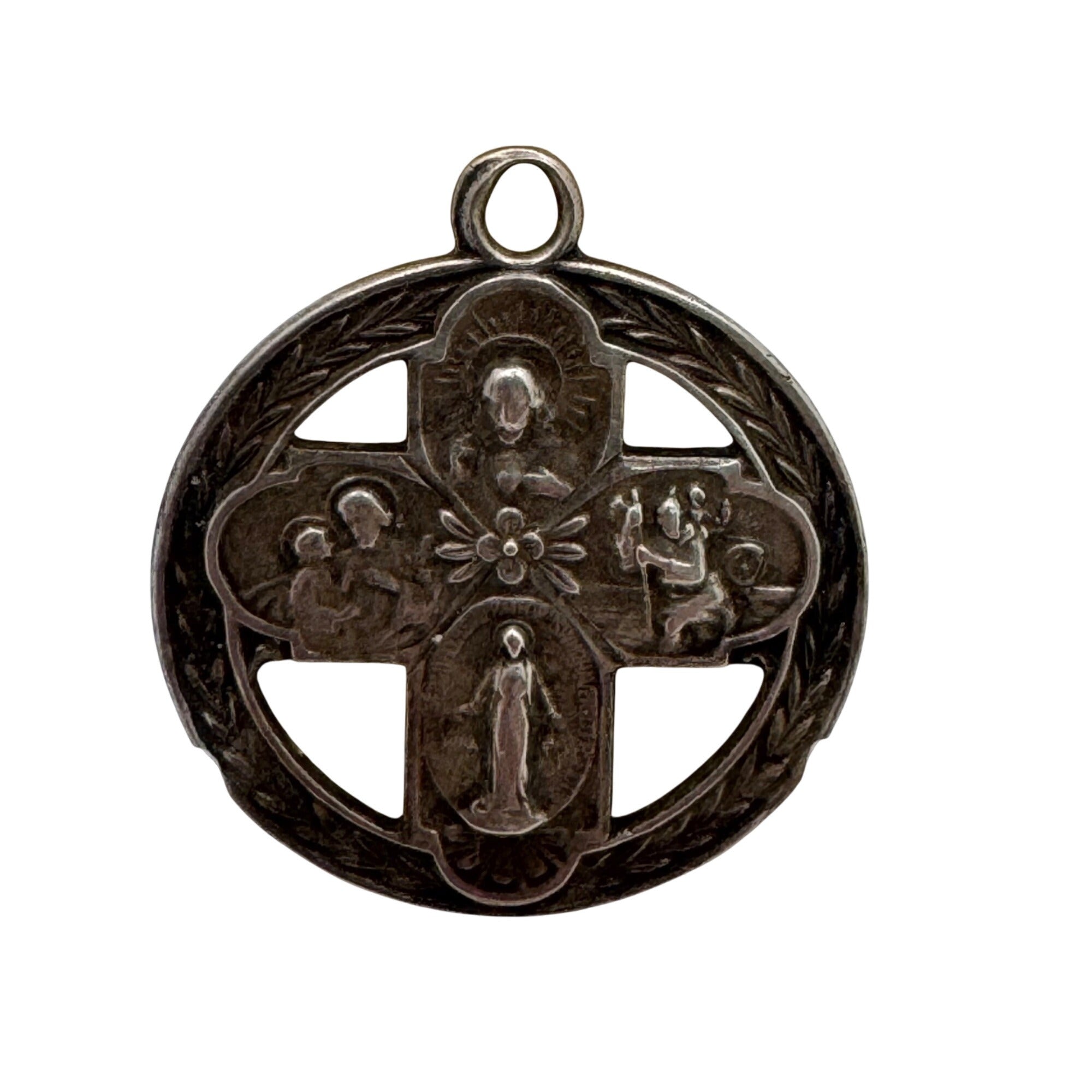 Sterling 4 Way Cross Medal Jesus Mary Joseph Christopher Large Pendant 1.5" Vtg