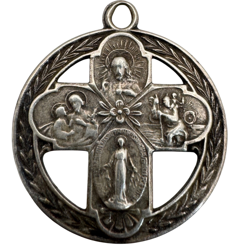 Sterling 4 Way Cross Medal Jesus Mary Joseph Christopher Large Pendant 1.5" Vtg