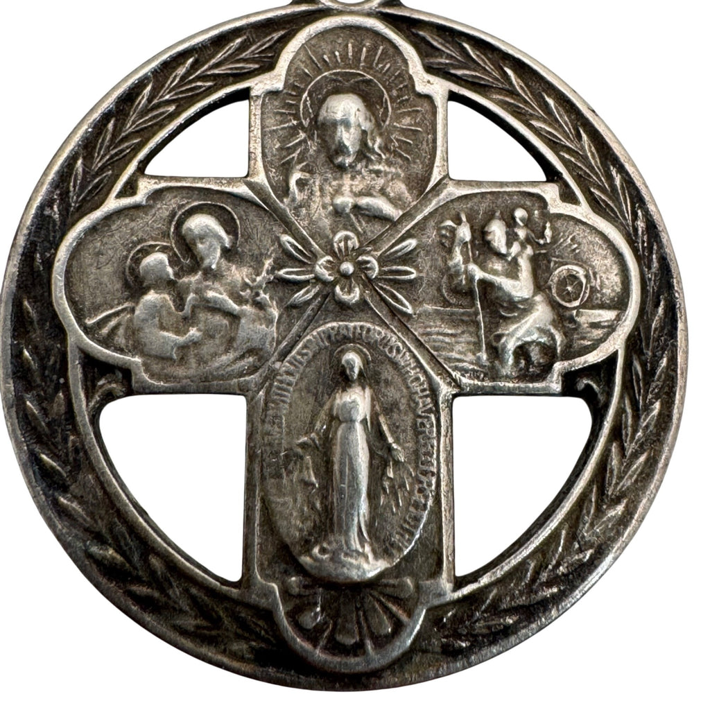 Sterling 4 Way Cross Medal Jesus Mary Joseph Christopher Large Pendant 1.5" Vtg
