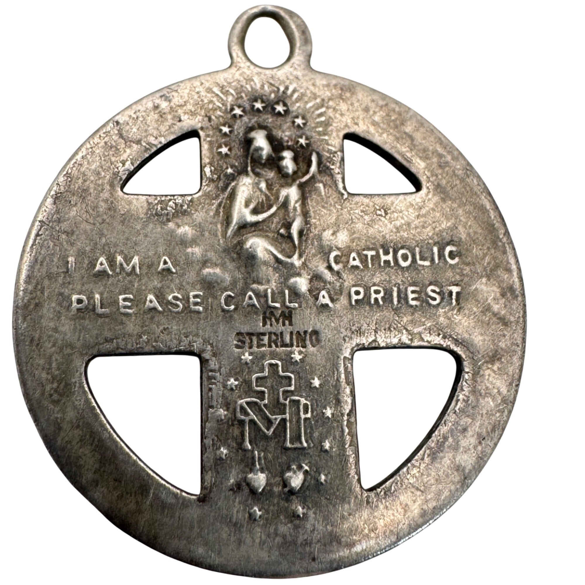 Sterling 4 Way Cross Medal Jesus Mary Joseph Christopher Large Pendant 1.5" Vtg