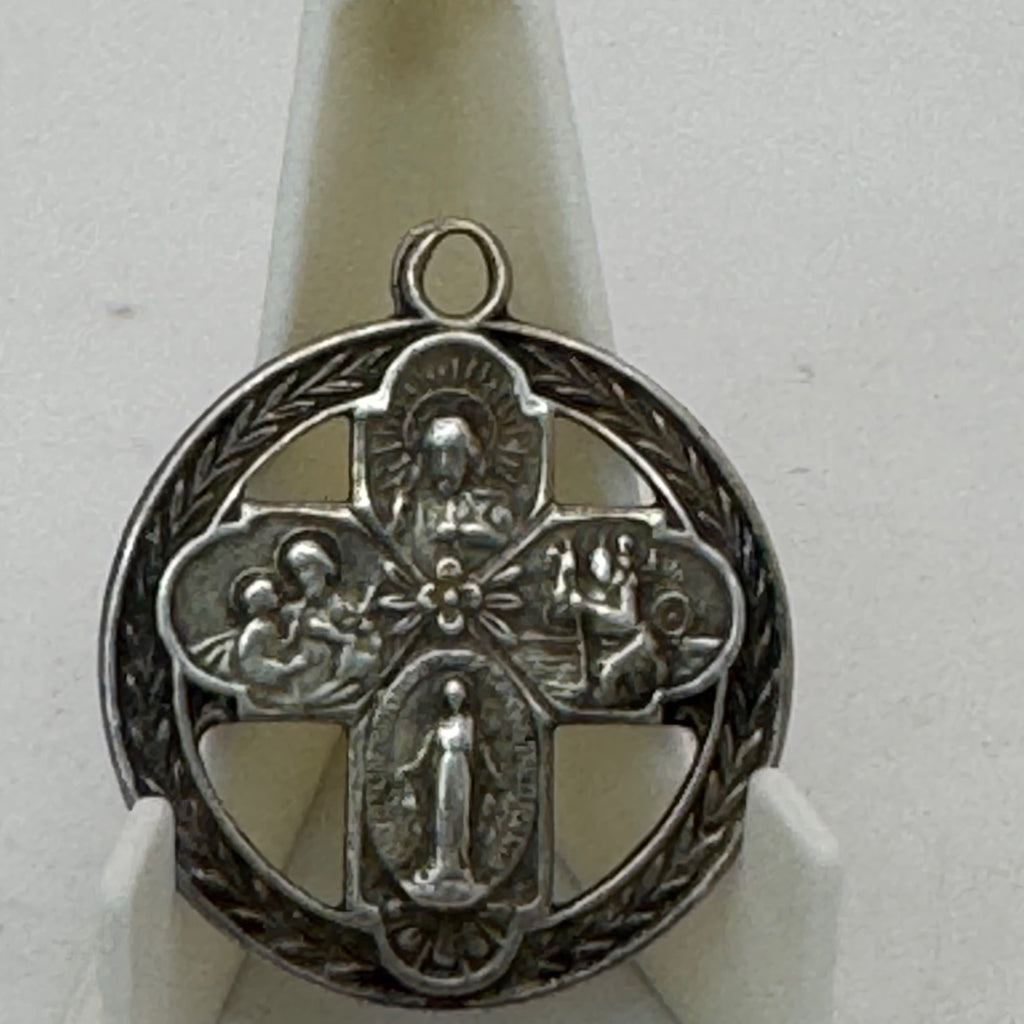 Sterling 4 Way Cross Medal Jesus Mary Joseph Christopher Large Pendant 1.5" Vtg