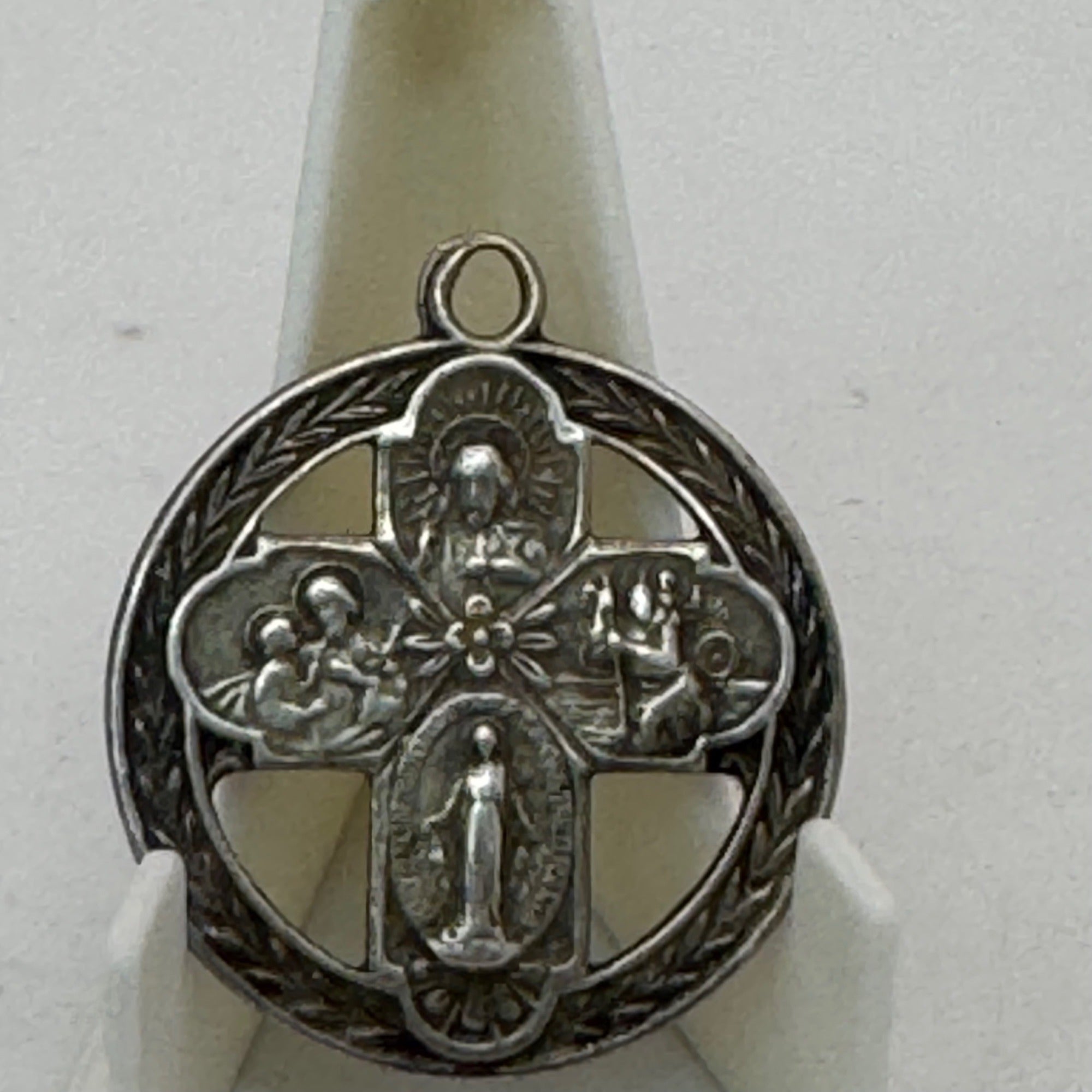 Sterling 4 Way Cross Medal Jesus Mary Joseph Christopher Large Pendant 1.5" Vtg
