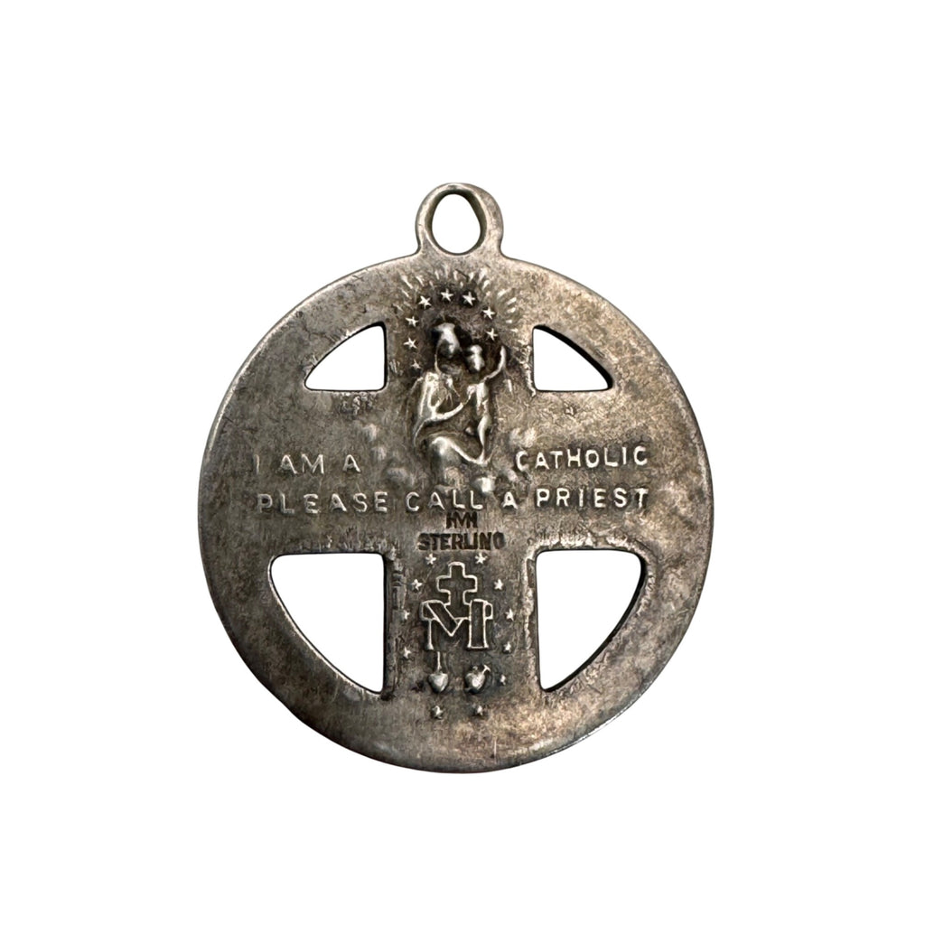 Sterling 4 Way Cross Medal Jesus Mary Joseph Christopher Large Pendant 1.5" Vtg