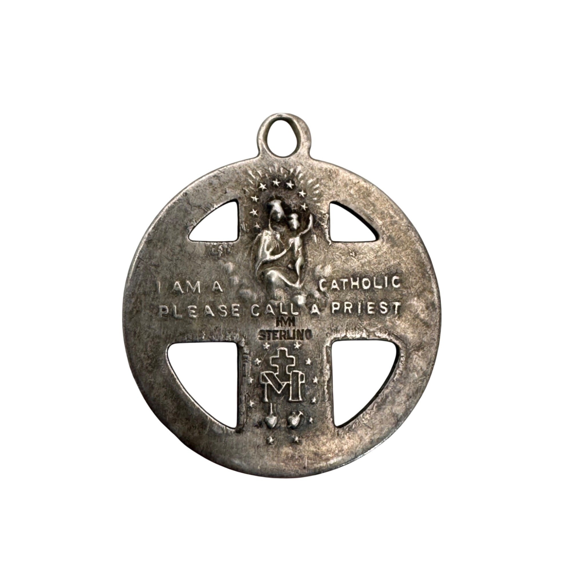 Sterling 4 Way Cross Medal Jesus Mary Joseph Christopher Large Pendant 1.5" Vtg