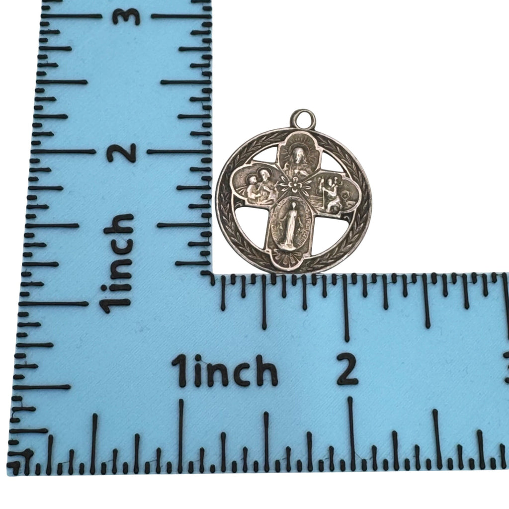 Sterling 4 Way Cross Medal Jesus Mary Joseph Christopher Large Pendant 1.5" Vtg