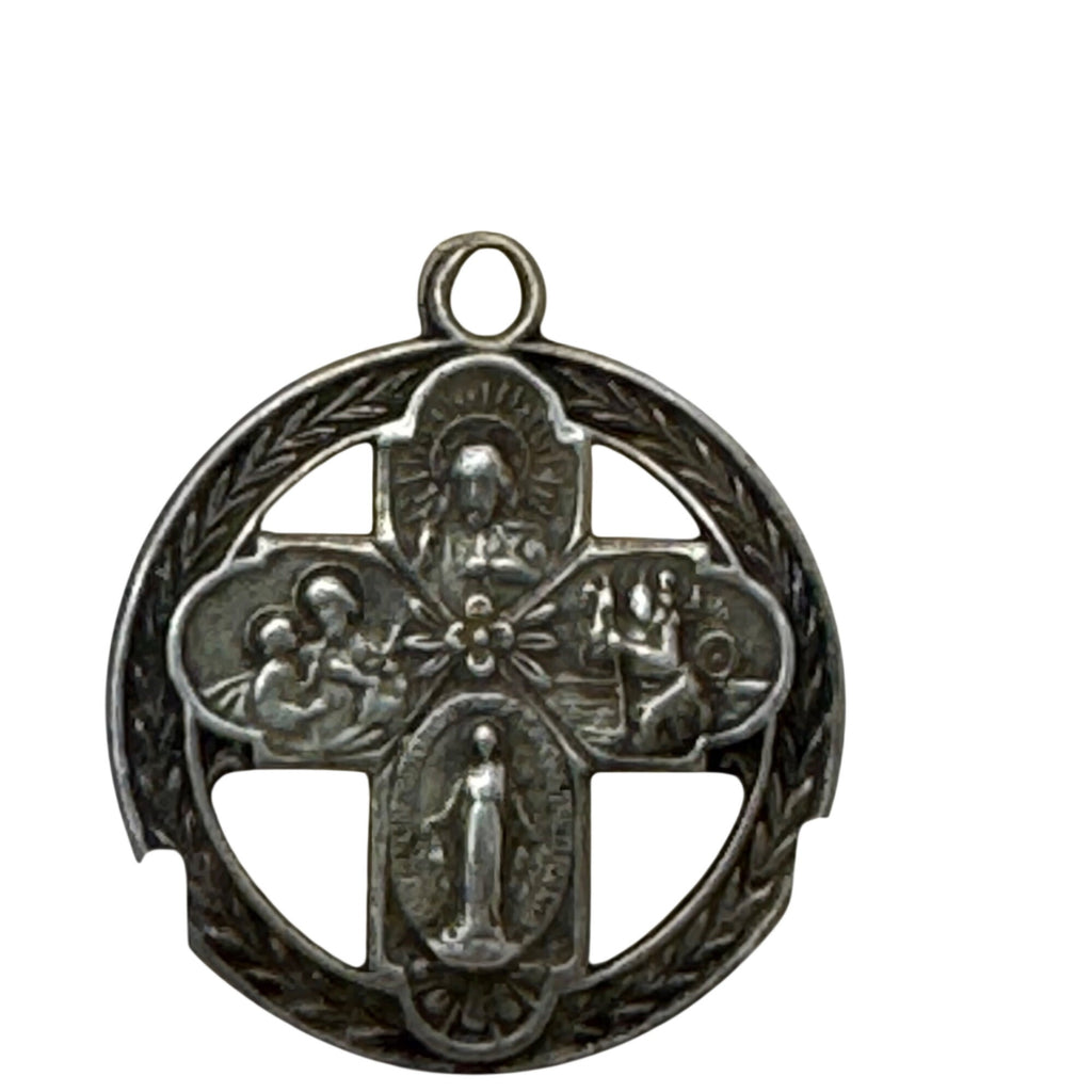 Sterling 4 Way Cross Medal Jesus Mary Joseph Christopher Large Pendant 1.5" Vtg