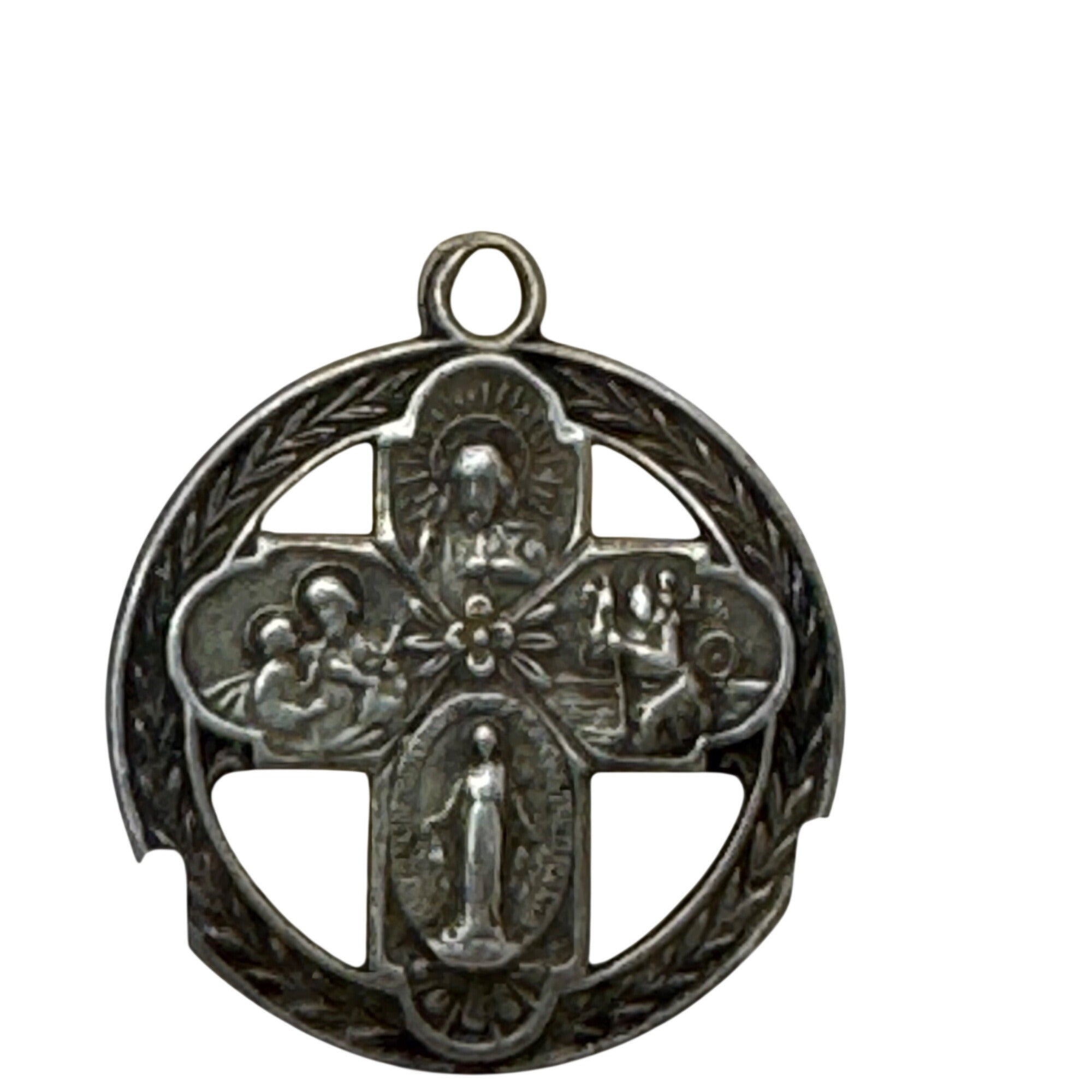 Sterling 4 Way Cross Medal Jesus Mary Joseph Christopher Large Pendant 1.5" Vtg
