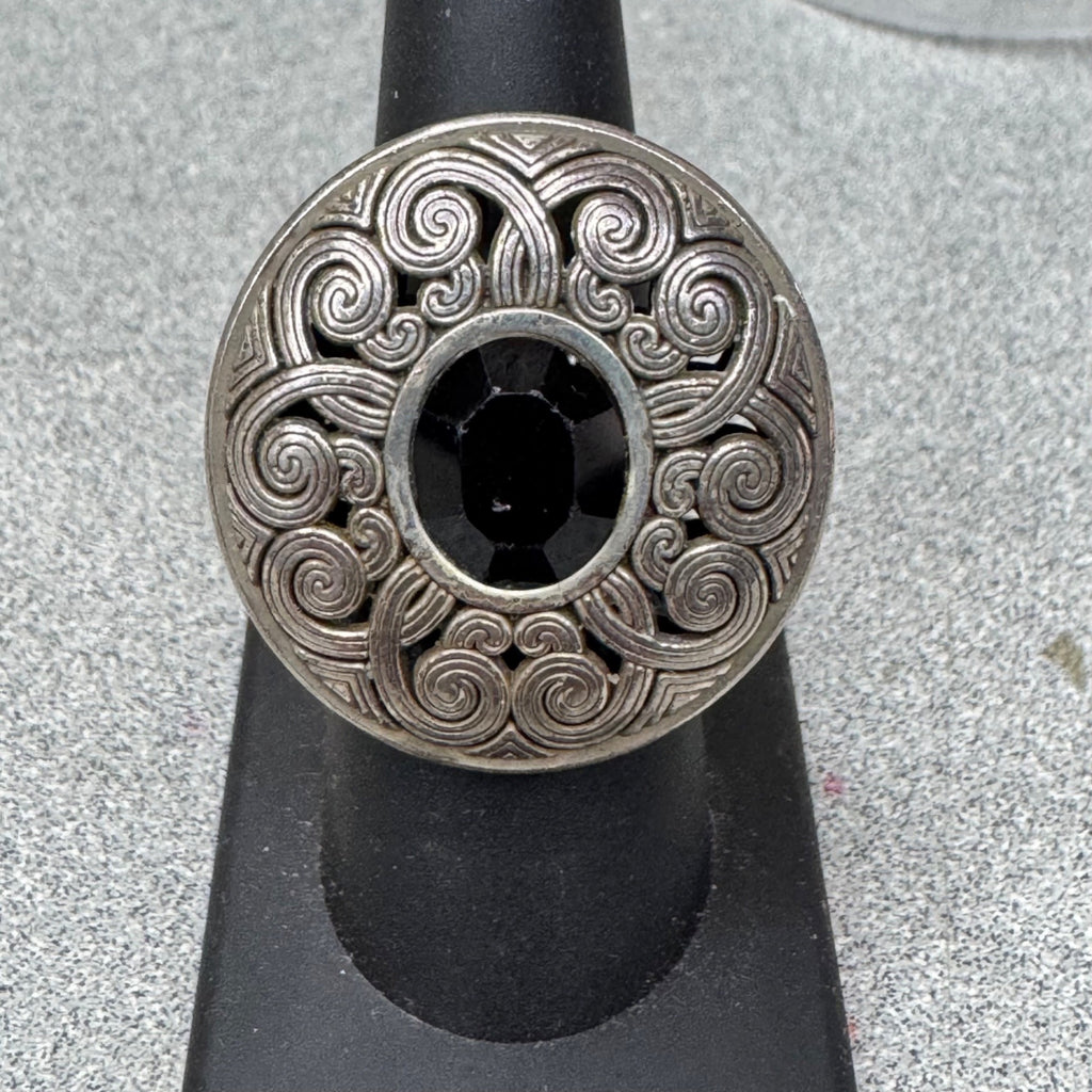 Vintage Brighton Statement Ring Black Faceted Center Stone Celtic Swirl Size 7