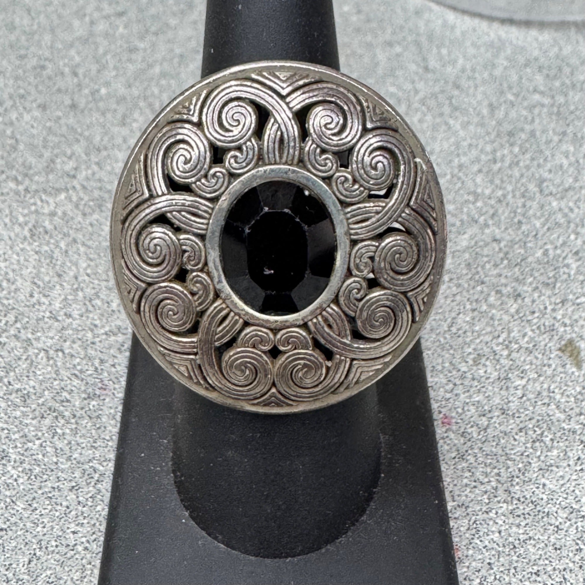 Vintage Brighton Statement Ring Black Faceted Center Stone Celtic Swirl Size 7