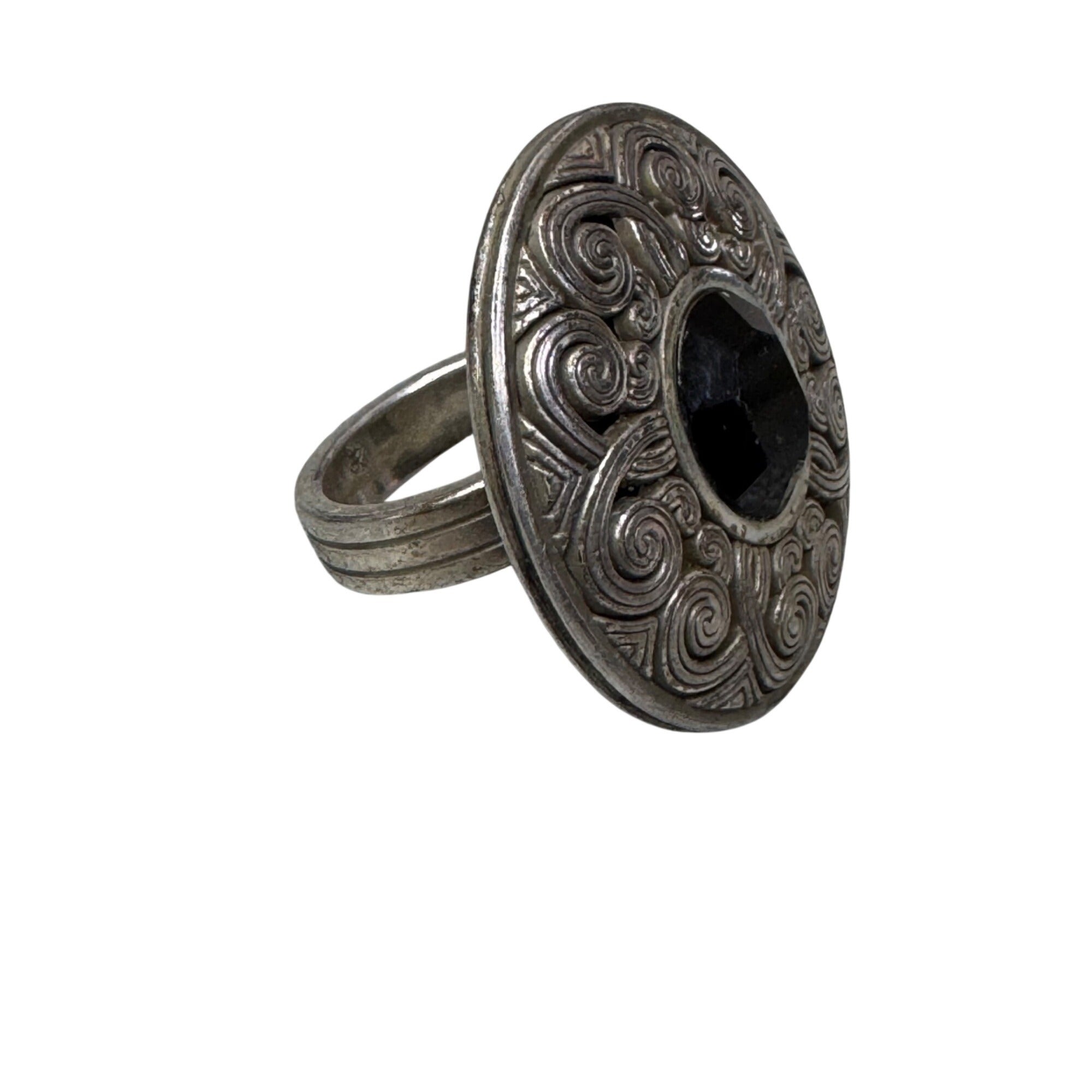 Vintage Brighton Statement Ring Black Faceted Center Stone Celtic Swirl Size 7