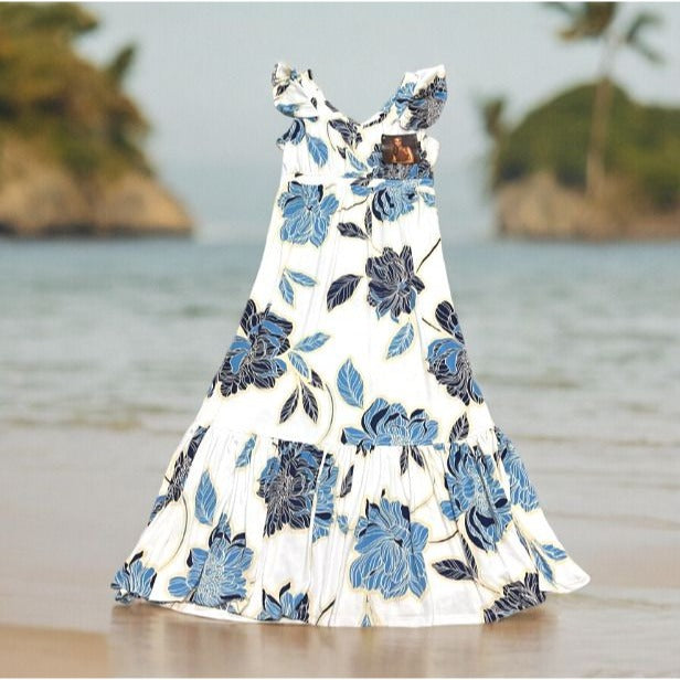 Iman Global Chic Blue Floral Maxi Dress VNeck Size MP Medium Petite NWT Hawaiian