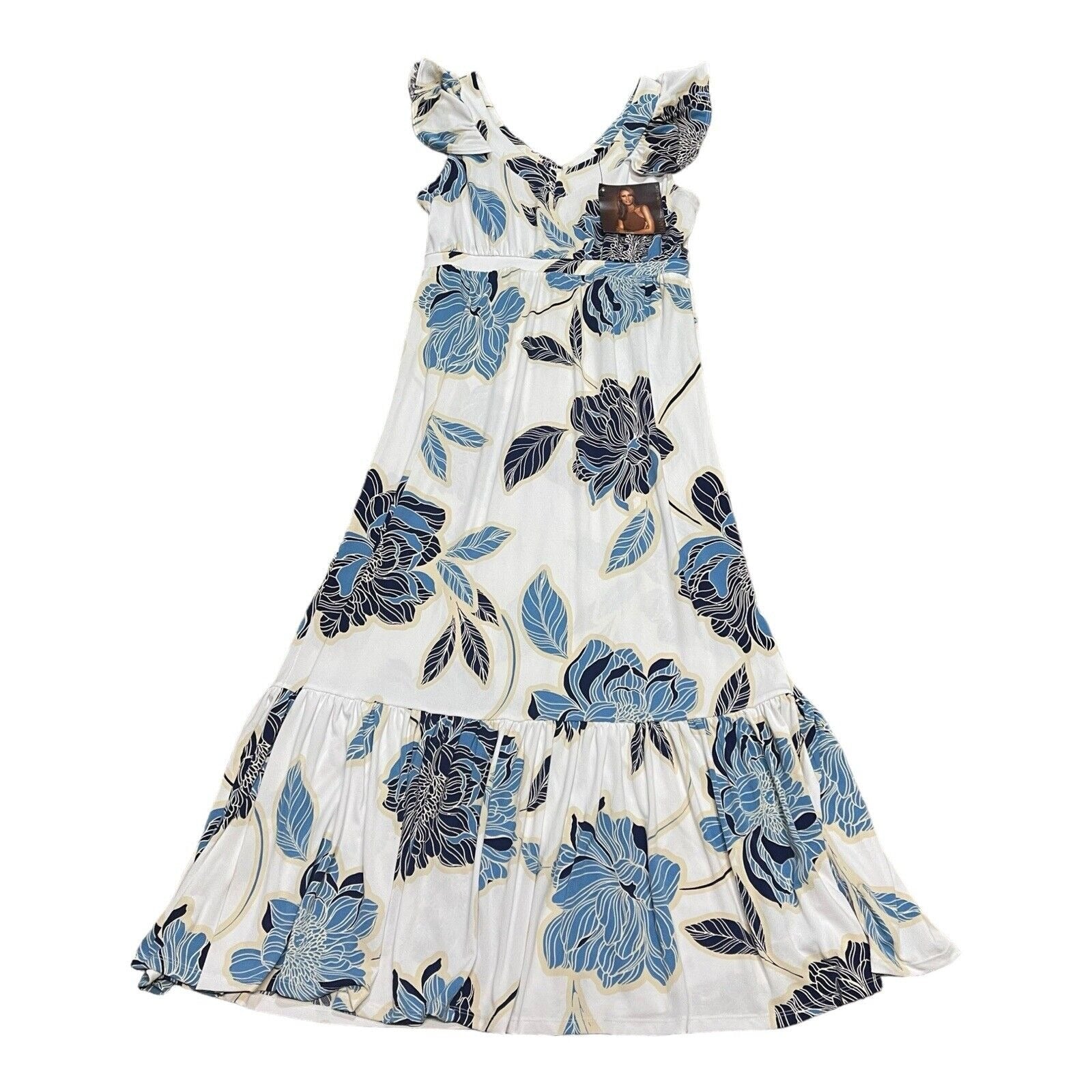 Iman Global Chic Blue Floral Maxi Dress VNeck Size MP Medium Petite NWT Hawaiian