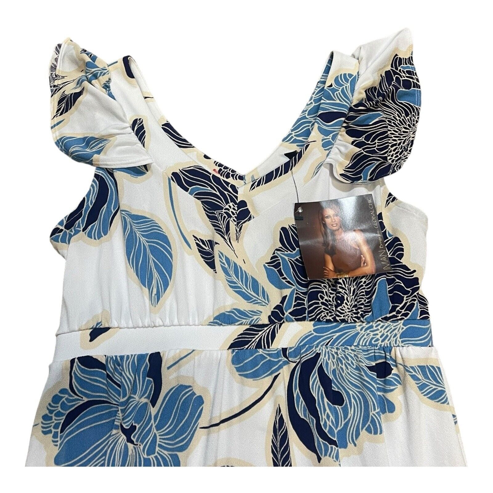 Iman Global Chic Blue Floral Maxi Dress VNeck Size MP Medium Petite NWT Hawaiian