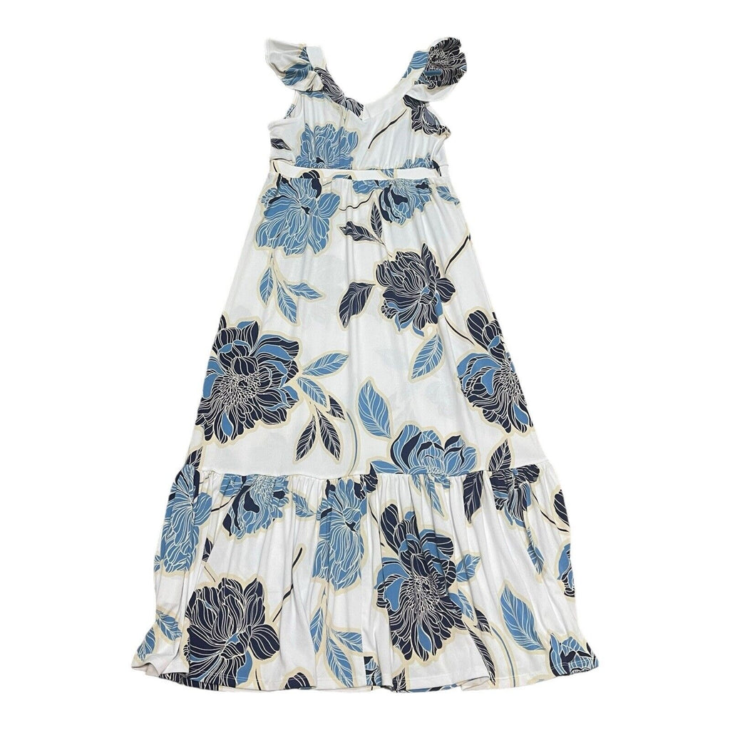 Iman Global Chic Blue Floral Maxi Dress VNeck Size MP Medium Petite NWT Hawaiian