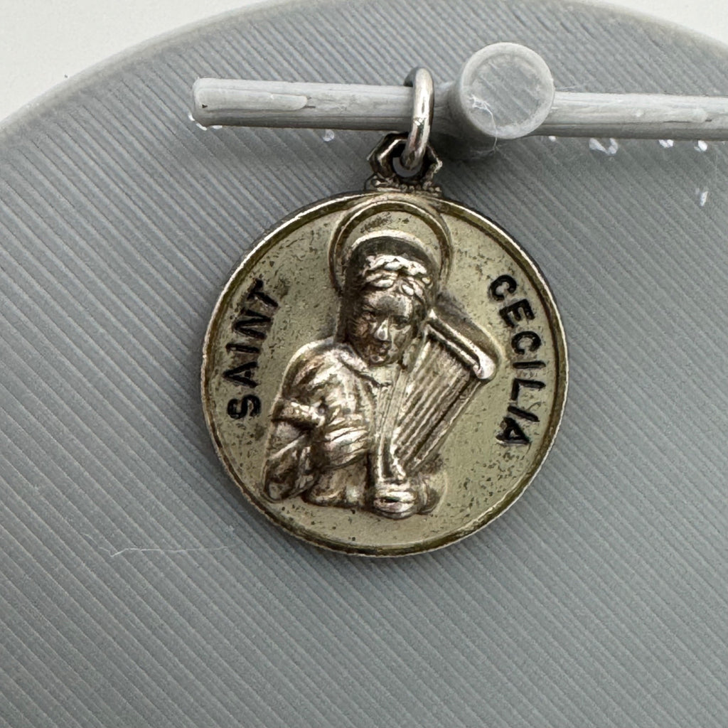 Saint Cecilia Sterling Silver Religious Pendant Charm Medal 0.75" By Creed Co.