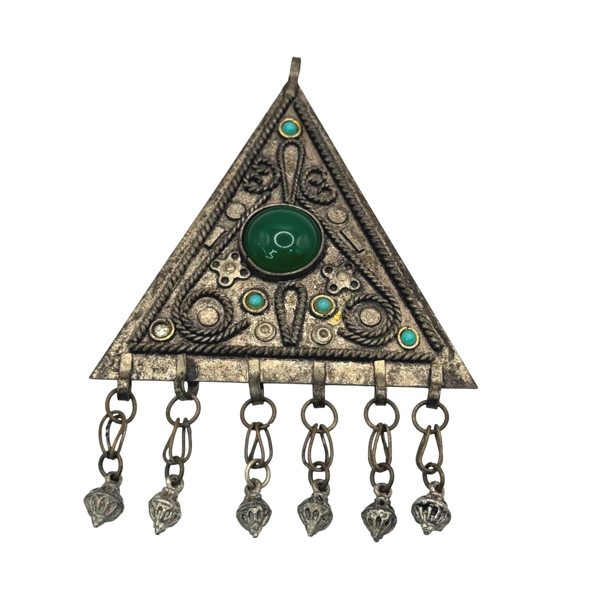 Vintage Handmade Pendant Israel Green Turquoise Silver Tone Dangles Triangle 4”