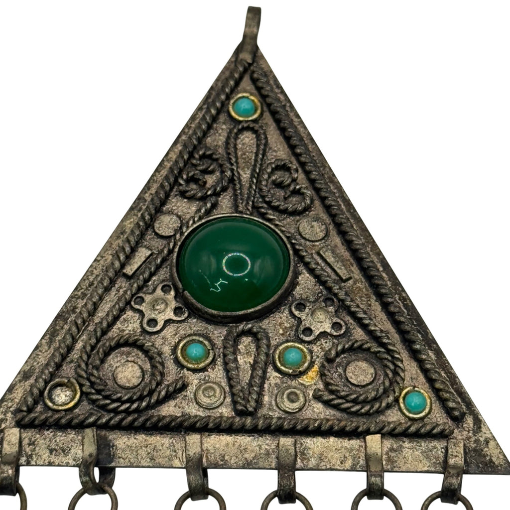 Vintage Handmade Pendant Israel Green Turquoise Silver Tone Dangles Triangle 4”
