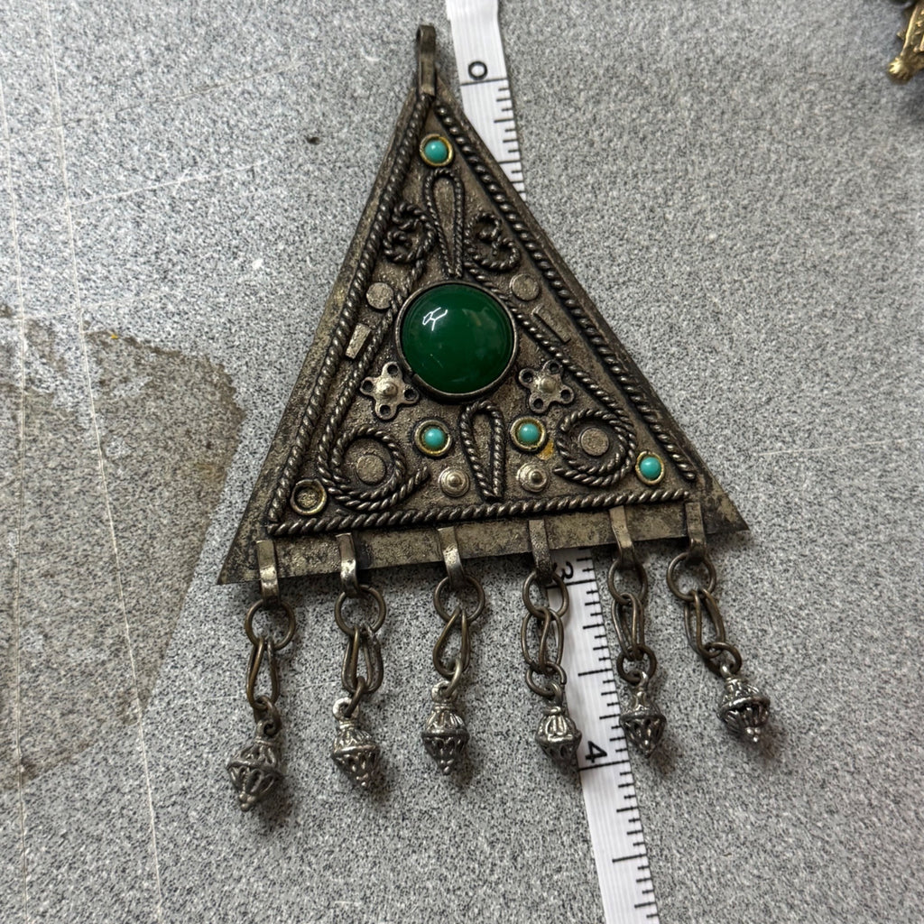 Vintage Handmade Pendant Israel Green Turquoise Silver Tone Dangles Triangle 4”