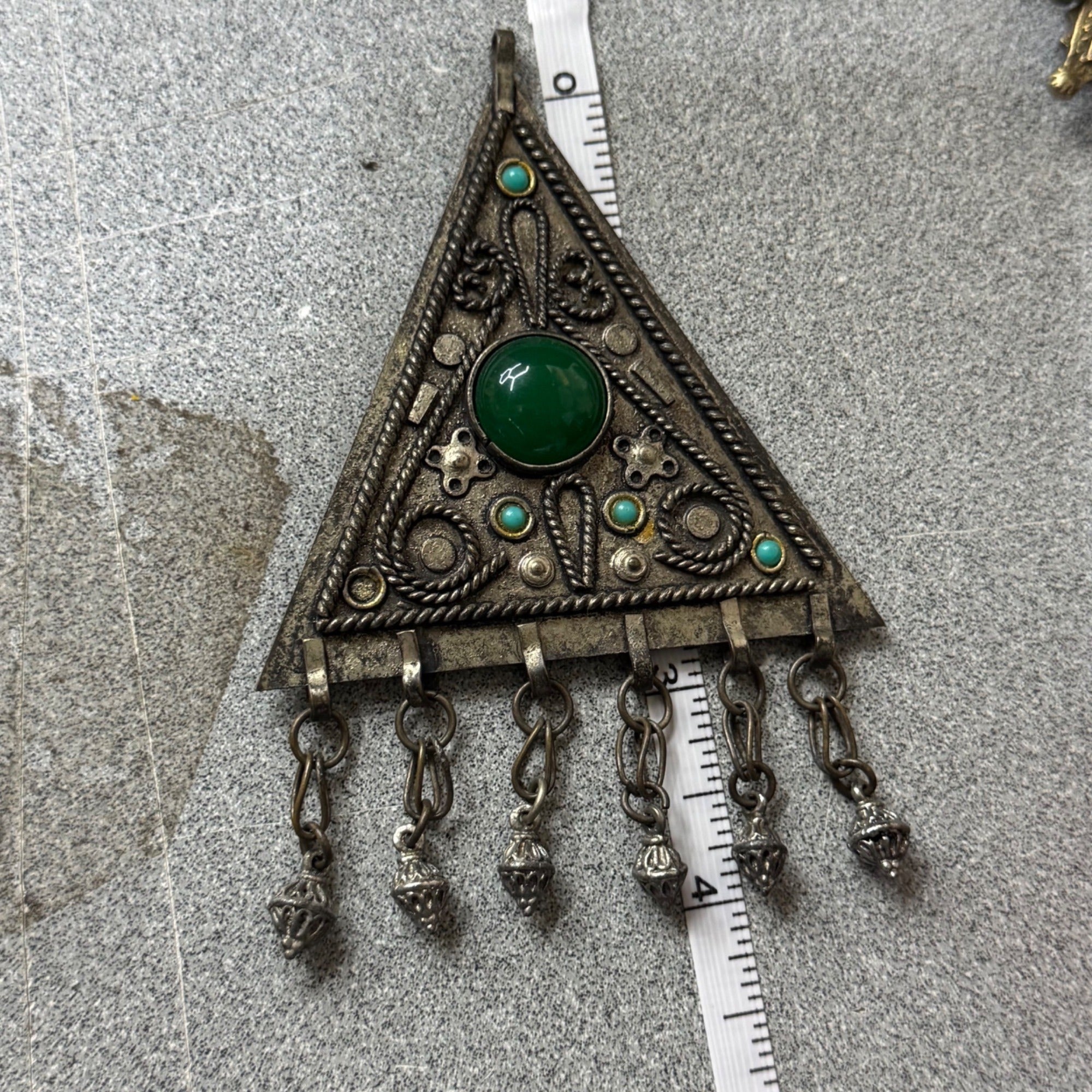 Vintage Handmade Pendant Israel Green Turquoise Silver Tone Dangles Triangle 4”