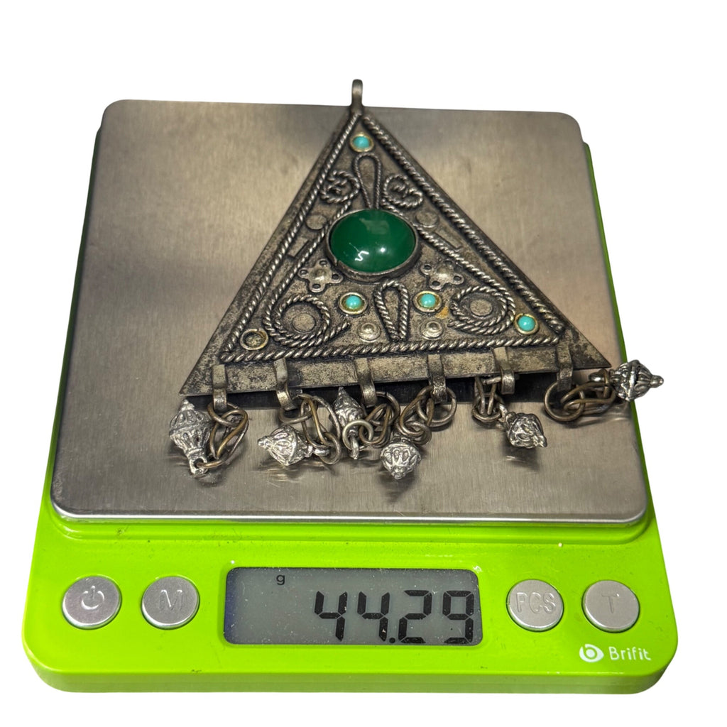 Vintage Handmade Pendant Israel Green Turquoise Silver Tone Dangles Triangle 4”