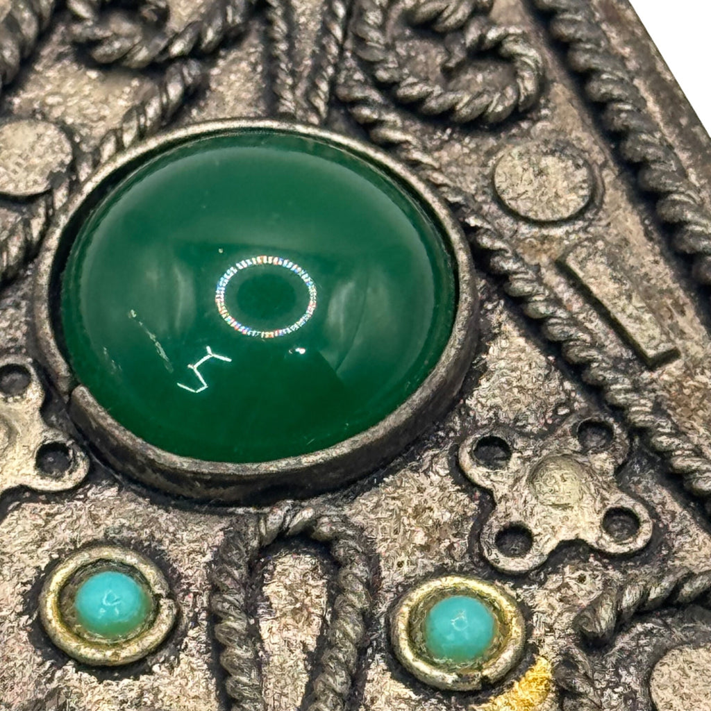 Vintage Handmade Pendant Israel Green Turquoise Silver Tone Dangles Triangle 4”